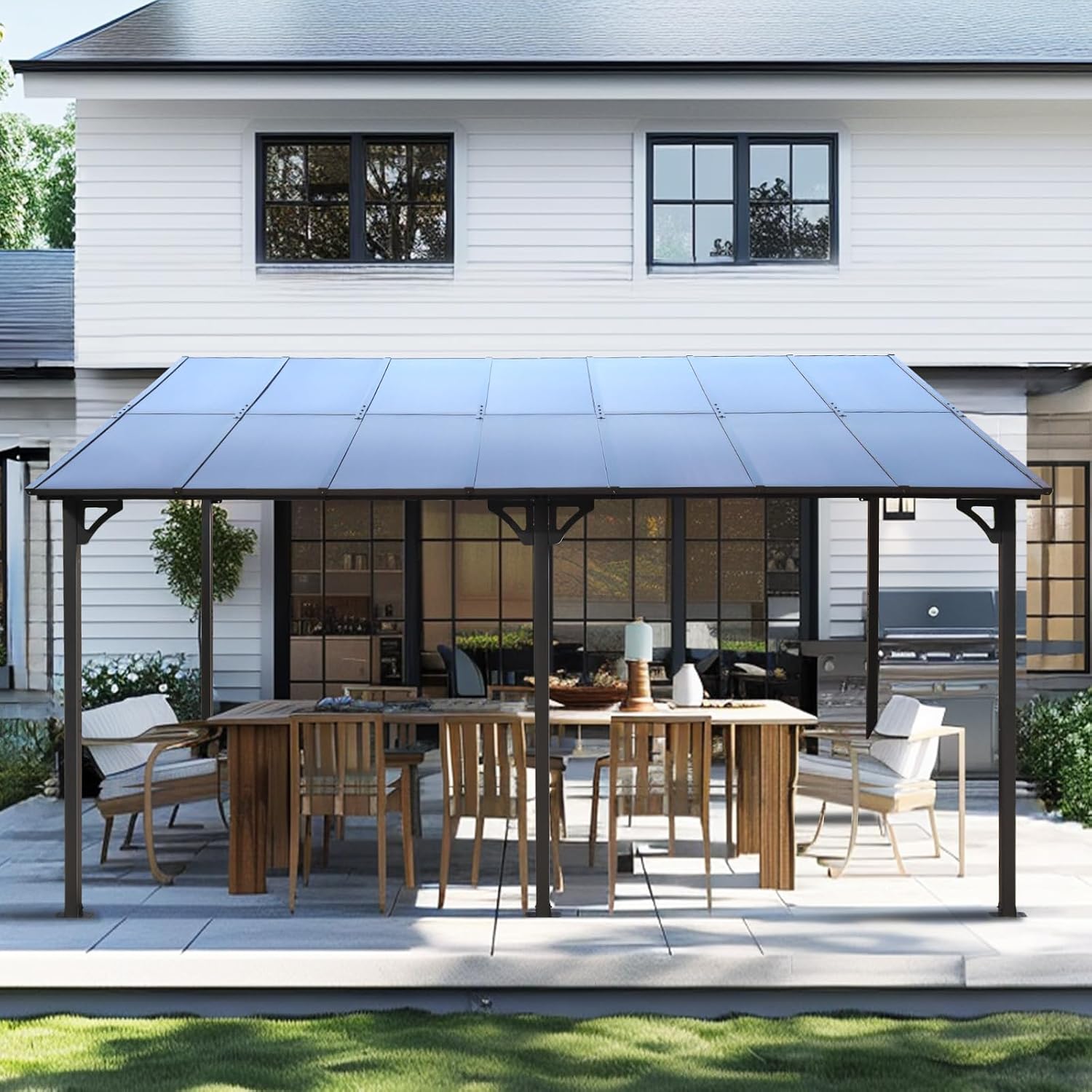 10x14 FT Outdoor Metal Flexible Top Lean to Gazebo Pergola with Sloped Roof, Heavy Duty Wall-Mounted Patio Awnings with Powder-Coated Steel Frame, for Lawn, Garden, Backyard and Deck, Grey