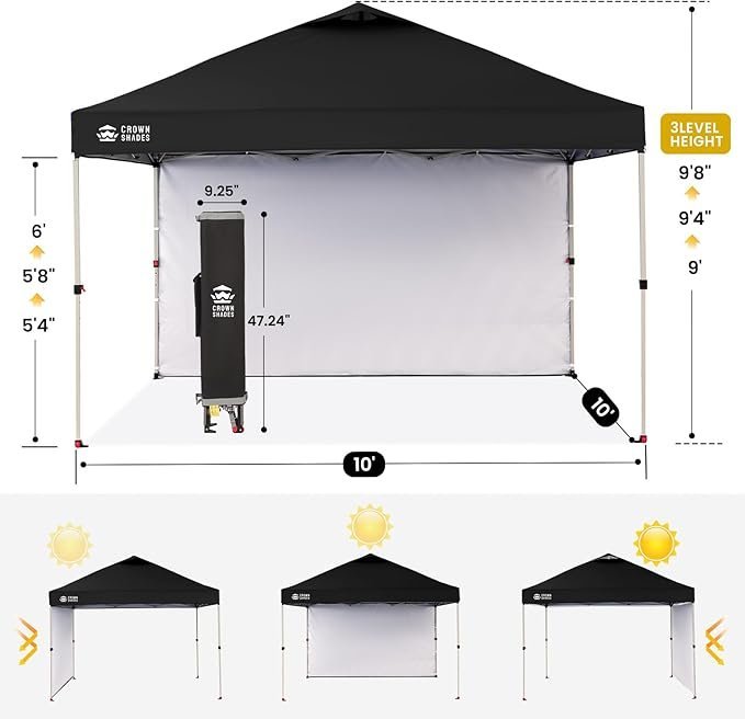CROWN SHADES 10×10 Pop Up Canopy with 1 Side Wall – Beach Tent with One Push Setup – Outdoor Sun Shade for Events, Parties, Camping – Gazebo with STO-N-Go Cover Bag (Black)