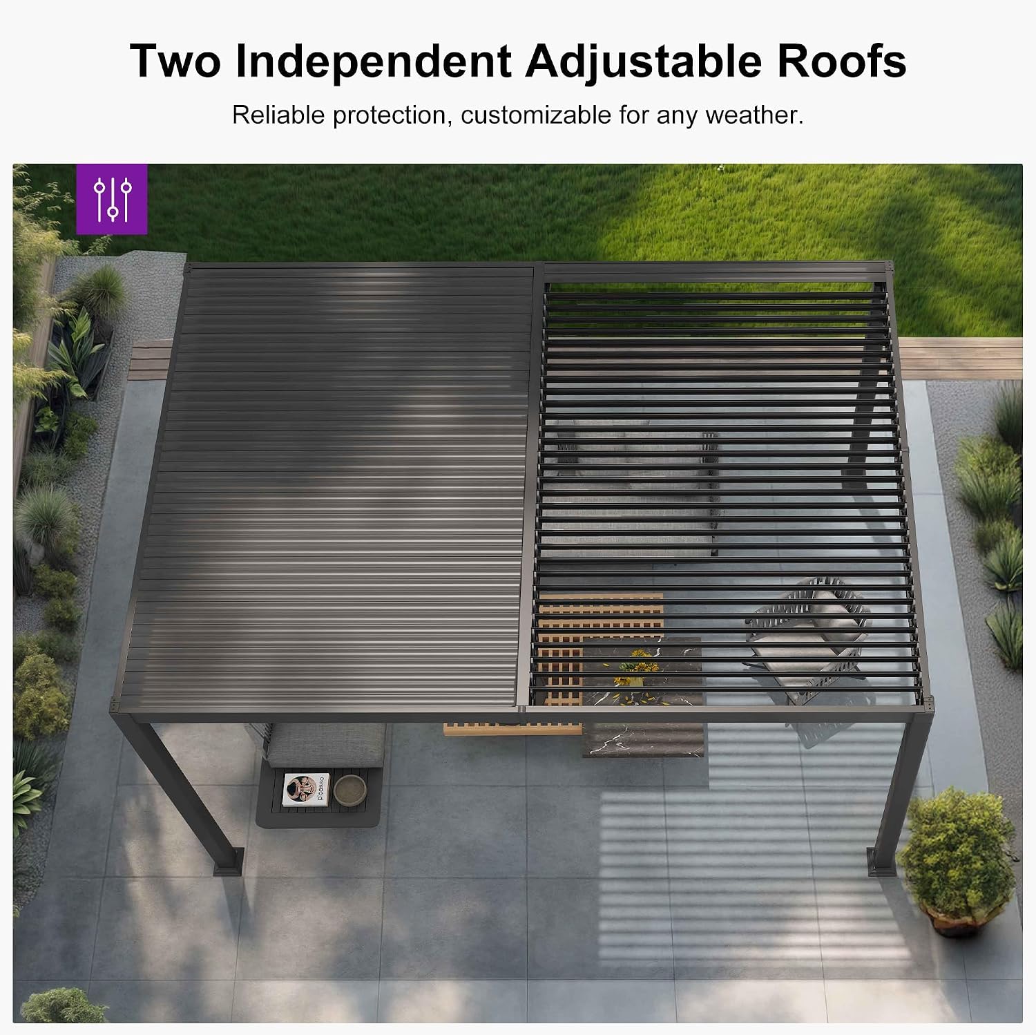 Louvered Pergola 10' x 14' Aluminum Pergola w/Independent Roof | 70 mph for stability, Reinforced beams add strength, Hidden drainage keeps dry, Independent louvers customize shade