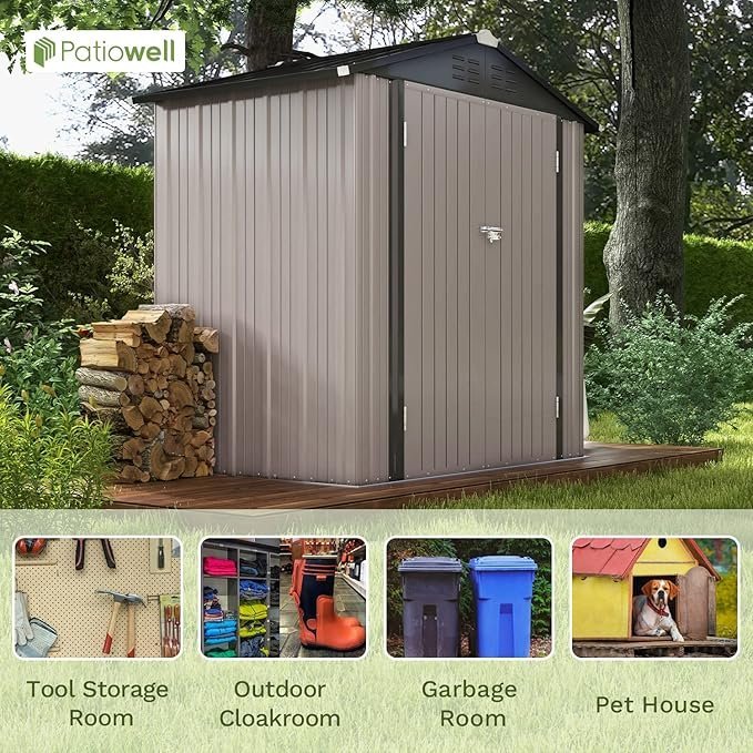 Patiowell 6×4 FT Outdoor Storage Shed, Garden Tool Storage Shed with Sloping Roof and Double Lockable Door, Outdoor Shed for Garden Backyard Patio Lawn, Brown
