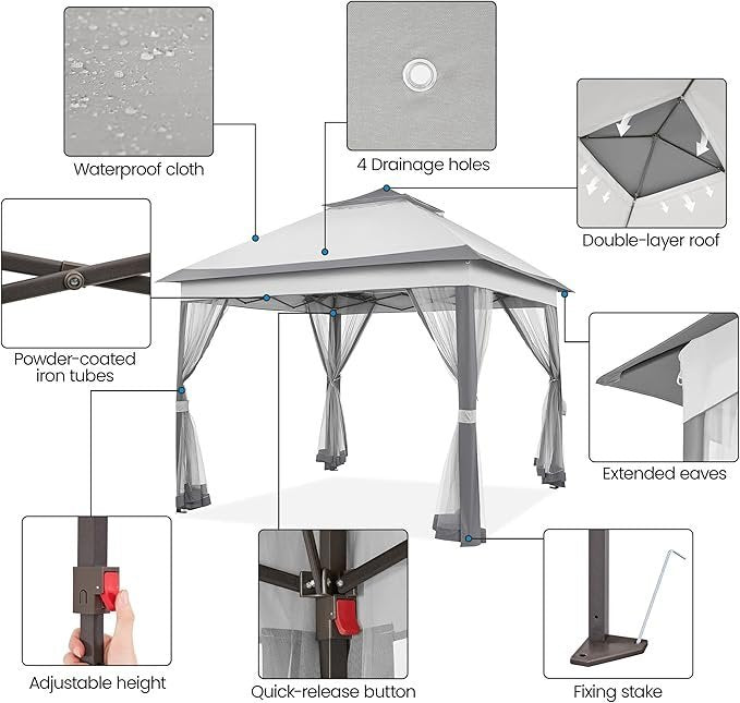 Yaheetech 11×11 Pop Up Gazebo Outdoor Canopy Shelter, Instant Patio Gazebo Sun Shade Canopy Tent with 4 Sandbags, 2 Tiers Roof & Mesh Netting for Lawn, Garden, Backyard & Deck, Gray