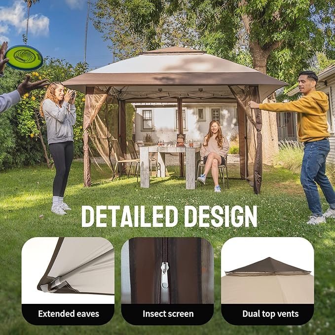CROWN SHADES 13×13 Pop Up Gazebo, Canopy Tent, Gazebos on Clearance – Outdoor Gazebo for Backyard & Patio Furniture – Carpa Pop Up Tent with Wheeled STO-N-Go Cover Bag (Beige & Coffee)
