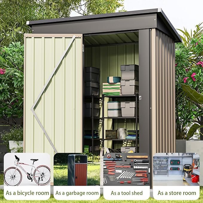 Patiowell 5×3 FT Outdoor Storage Shed, Tool Shed with Sloping Roof and Lockable Door, Metal Shed for Backyard Garden Patio Lawn, Brown