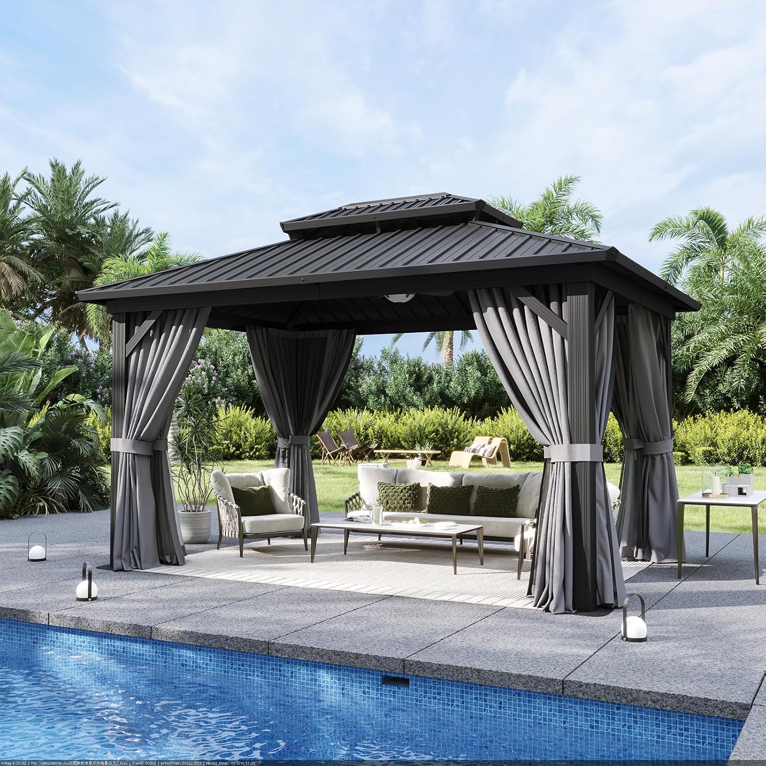 Gazebo 10x14 Hardtop Gazebo with Double Galvanized Steel Roof, Gray | Metal Frame Outdoor Pavilion with Breathable Netting and Privacy Curtain for Backyard