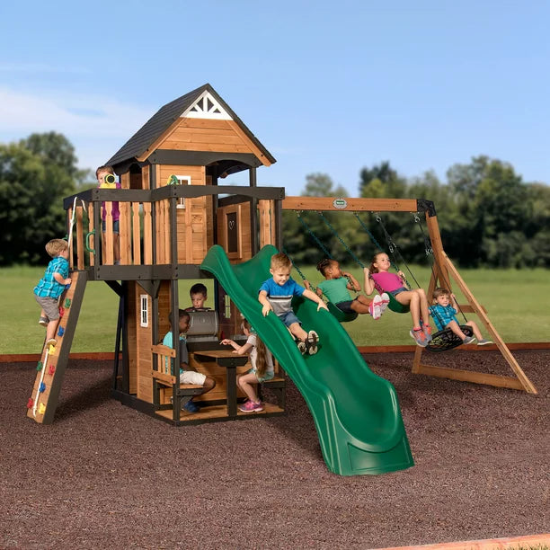 Backyard Discovery Canyon Creek Wooden Swing Set with Slide and Rock Wall