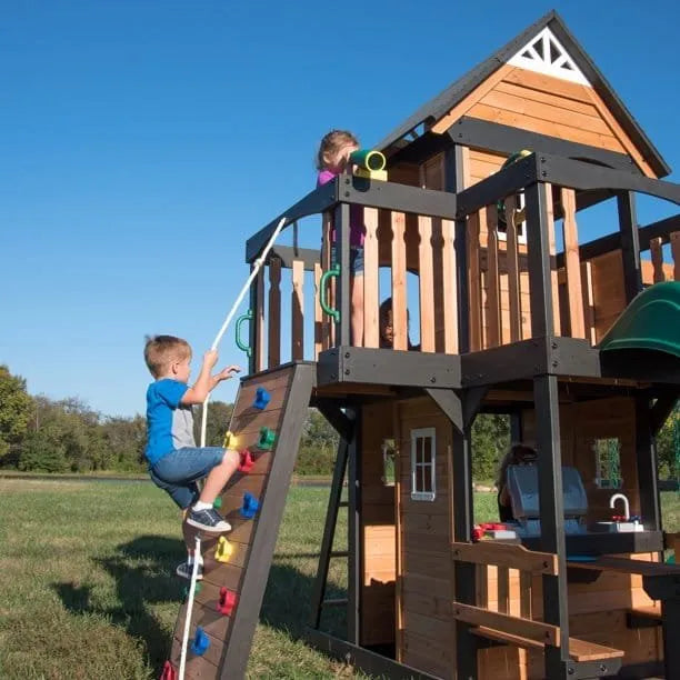 Backyard Discovery Canyon Creek Wooden Swing Set with Slide and Rock Wall