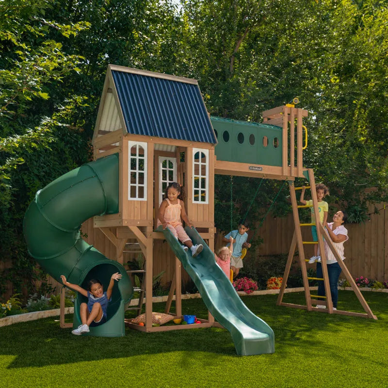 KidKraft Skyway Resort Wooden Swing Set with Dual Slides and Playhouse
