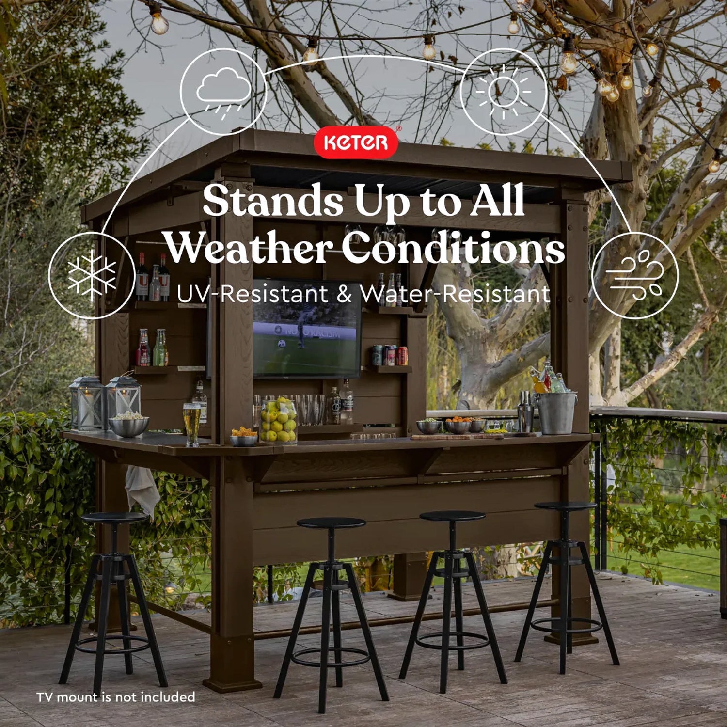 Keter Signature Collection 7.5 x 6.5 ft. Bar Gazebo with Shelves and TV Mount, Pine Brown