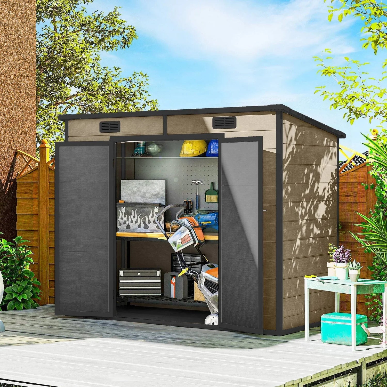 Outsunny 8’×4′ Outdoor Storage Shed Light Brown Resin