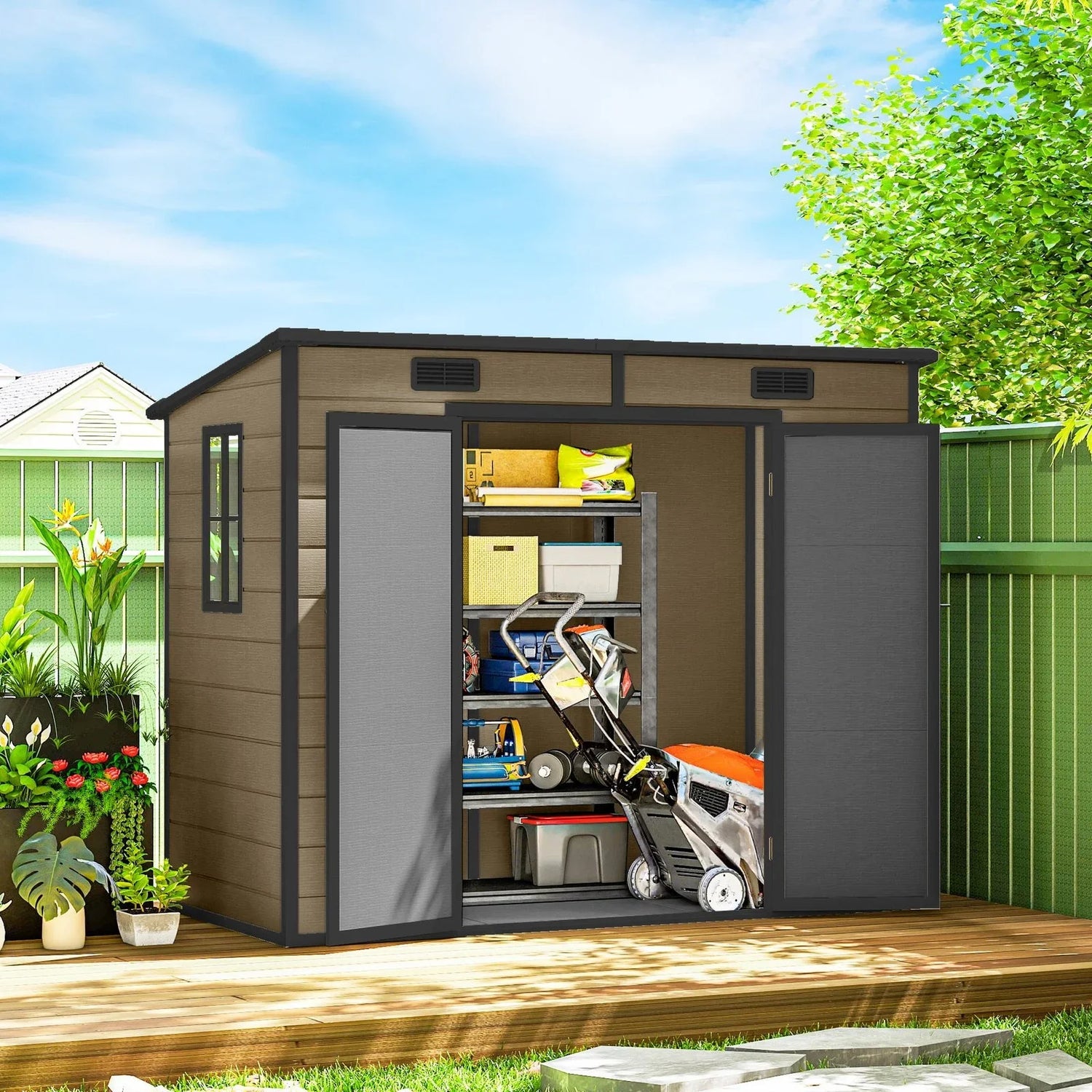 Outsunny 8’×4′ Outdoor Storage Shed Light Brown Resin