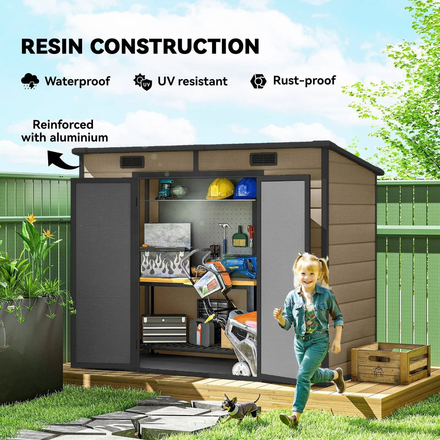 Outsunny 8’×4′ Outdoor Storage Shed Light Brown Resin