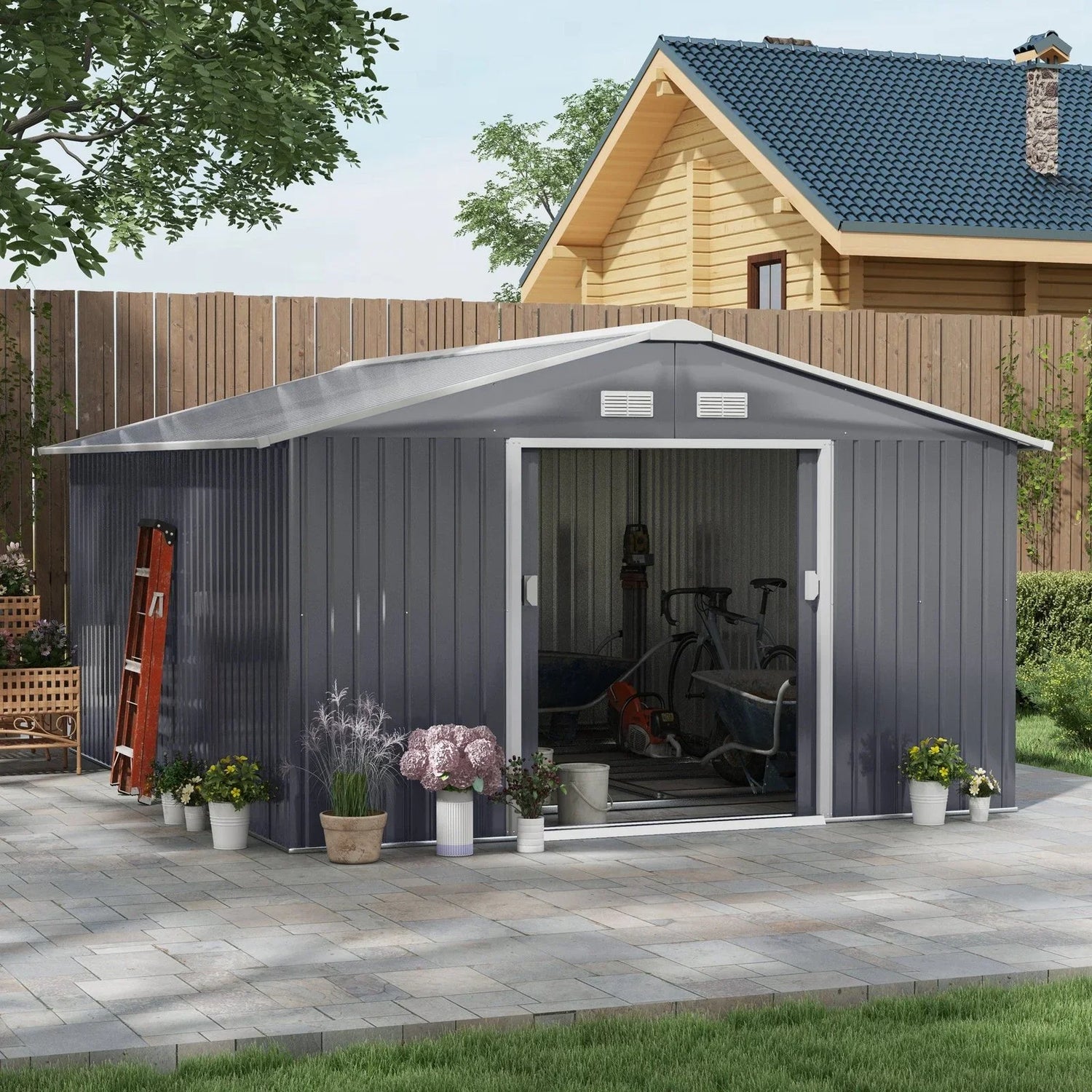 Outsunny Outdoor Storage Shed Dark Gray 11’×13′ Galvanized Steel