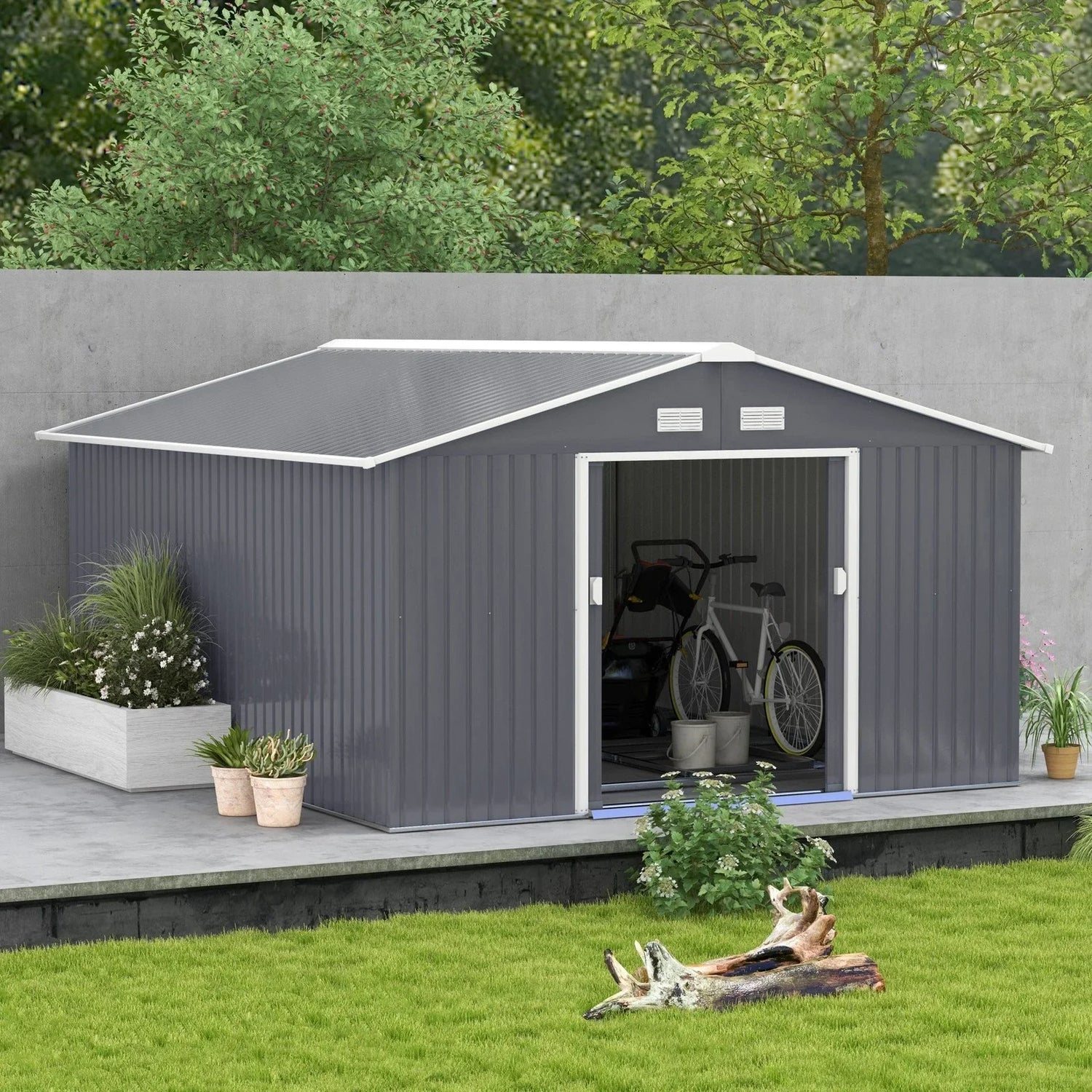 Outsunny Outdoor Storage Shed Dark Gray 11’×13′ Galvanized Steel