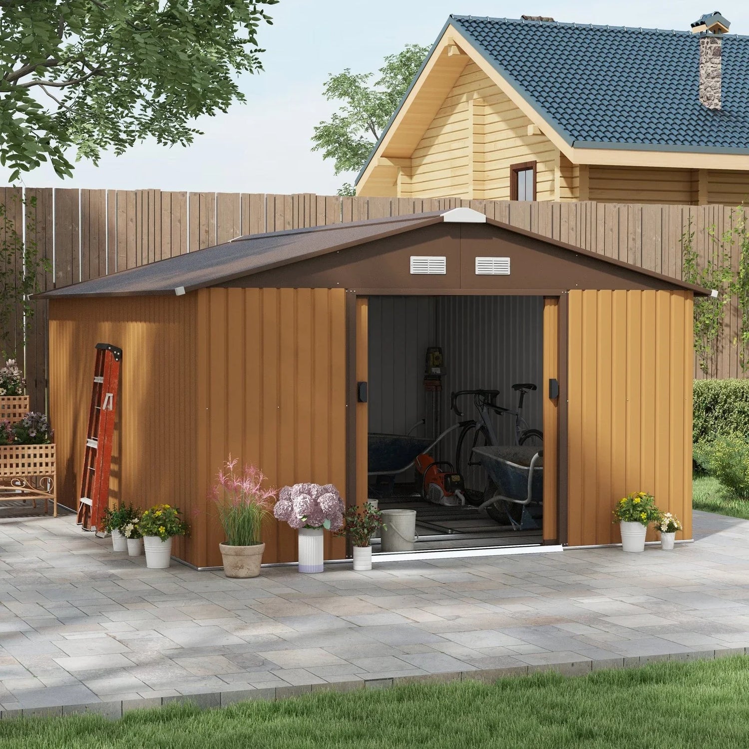 Outsunny Outdoor Storage Shed Yellow 11’×13′ Galvanized Steel