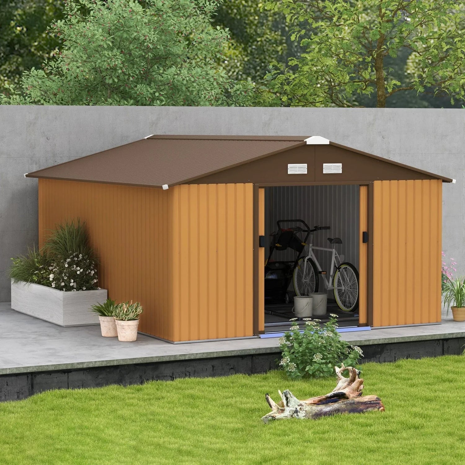 Outsunny Outdoor Storage Shed Yellow 11’×13′ Galvanized Steel