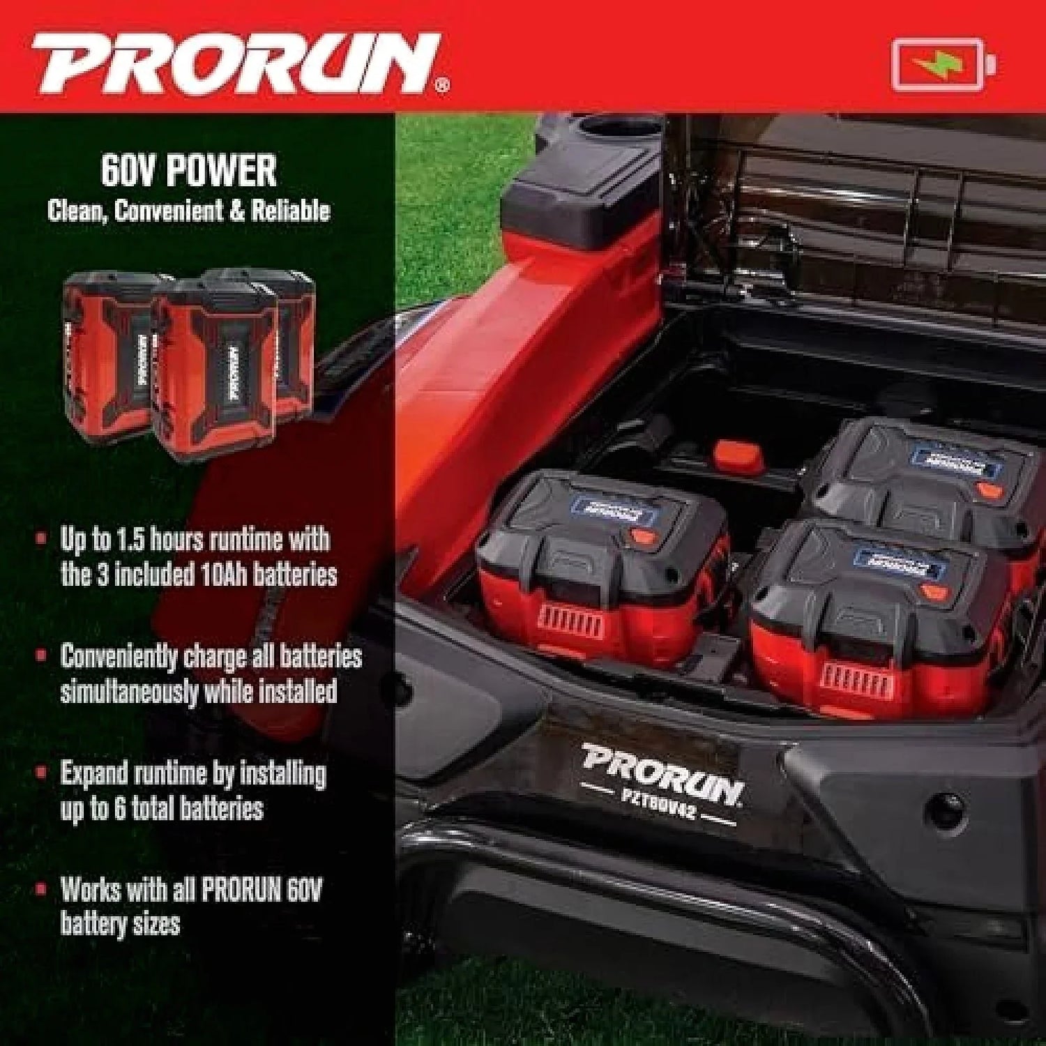 PRORUN PZT60V42 60V 42-inch Brushless Electric Zero Turn Riding Lawn Mower