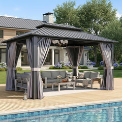 Gazebo 10x14 Hardtop Gazebo with Double Galvanized Steel Roof, Gray | Metal Frame Outdoor Pavilion with Breathable Netting and Privacy Curtain for Backyard