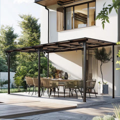 10x14 FT Outdoor Metal Flexible Top Lean to Gazebo Pergola with Sloped Roof, Heavy Duty Wall-Mounted Patio Awnings with Powder-Coated Steel Frame, for Lawn, Garden, Backyard and Deck, Grey