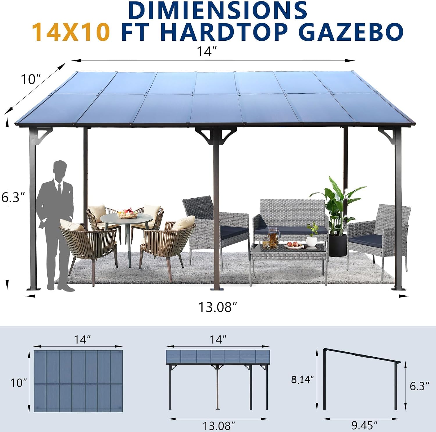 10x14 FT Outdoor Metal Flexible Top Lean to Gazebo Pergola with Sloped Roof, Heavy Duty Wall-Mounted Patio Awnings with Powder-Coated Steel Frame, for Lawn, Garden, Backyard and Deck, Grey
