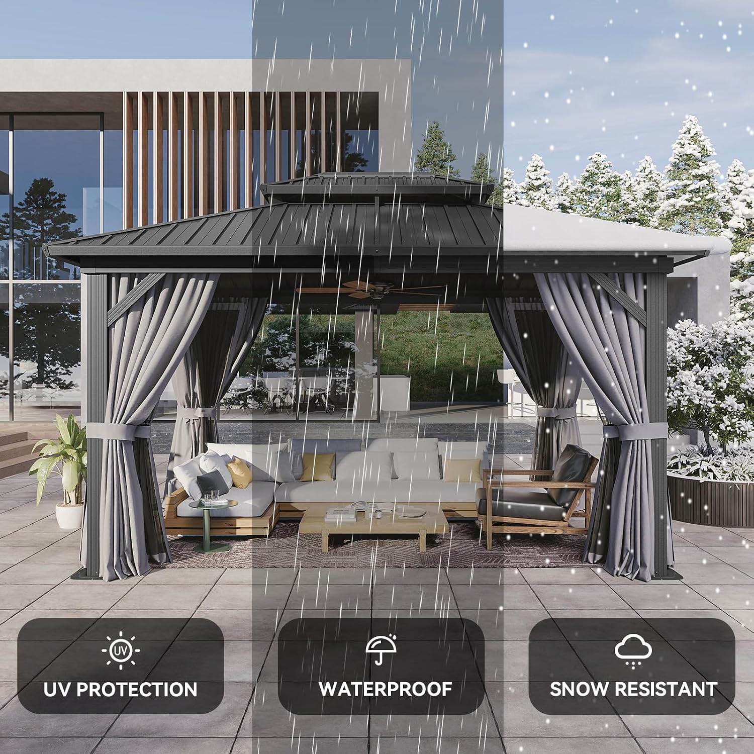 Gazebo 10x14 Hardtop Gazebo with Double Galvanized Steel Roof, Gray | Metal Frame Outdoor Pavilion with Breathable Netting and Privacy Curtain for Backyard
