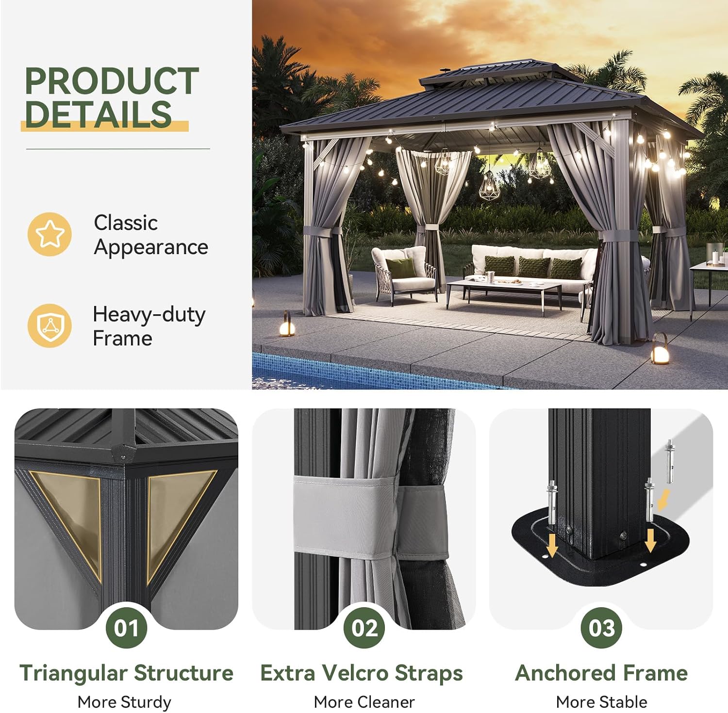 Gazebo 10x14 Hardtop Gazebo with Double Galvanized Steel Roof, Gray | Metal Frame Outdoor Pavilion with Breathable Netting and Privacy Curtain for Backyard