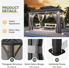 Gazebo 10x14 Hardtop Gazebo with Double Galvanized Steel Roof, Gray | Metal Frame Outdoor Pavilion with Breathable Netting and Privacy Curtain for Backyard
