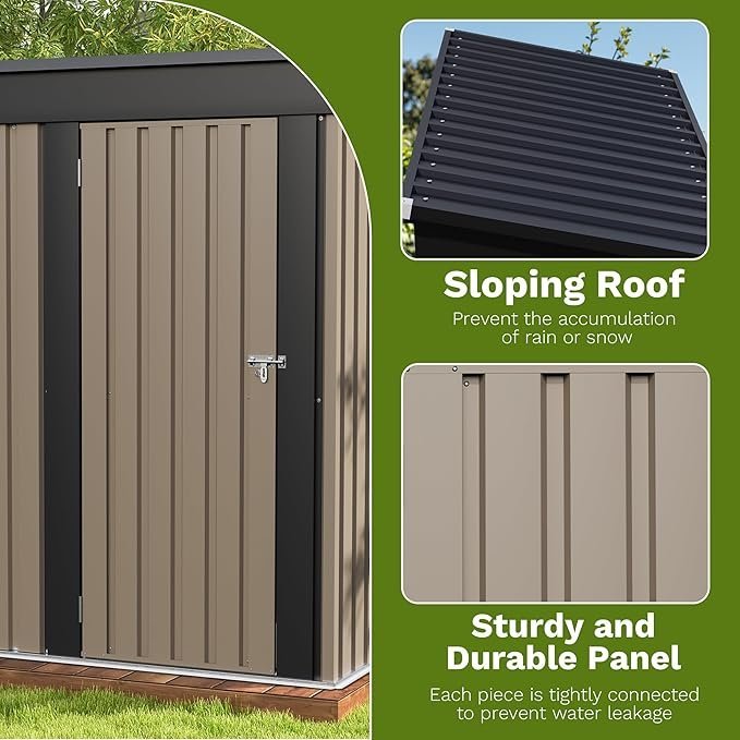 Patiowell 5×3 FT Outdoor Storage Shed, Tool Shed with Sloping Roof and Lockable Door, Metal Shed for Backyard Garden Patio Lawn, Brown