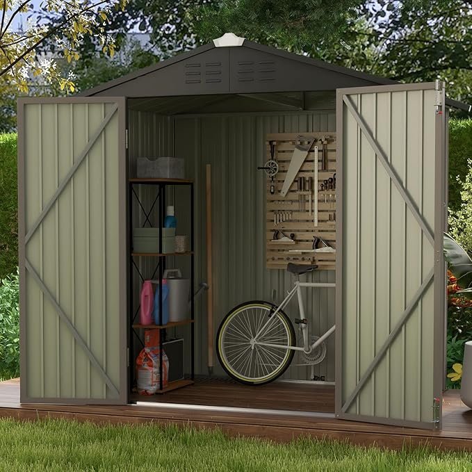 Patiowell 6×4 FT Outdoor Storage Shed, Garden Tool Storage Shed with Sloping Roof and Double Lockable Door, Outdoor Shed for Garden Backyard Patio Lawn, Brown