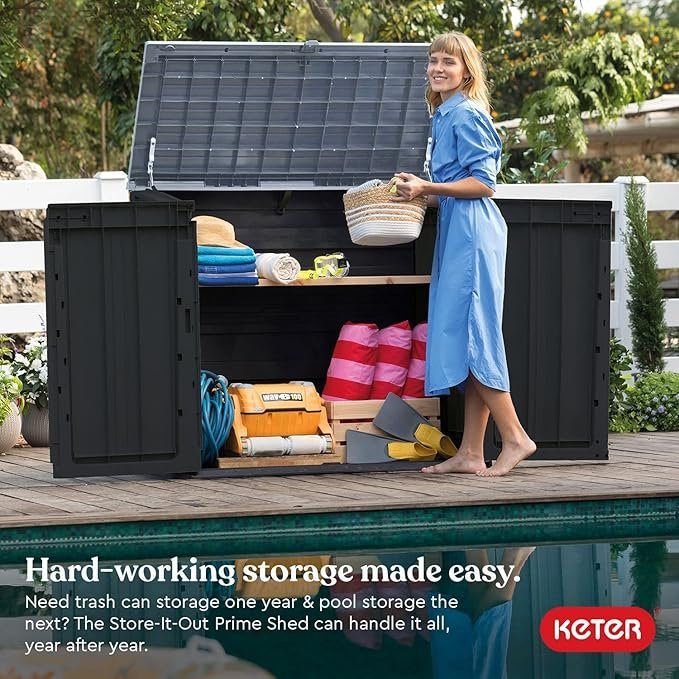 Keter Store-It-Out Prime 4.3 x 3.7 ft. Outdoor Resin Storage Shed with Easy Lift Hinges, Perfect for Yard Tools, Pool Floats and Garden Accessories, Black