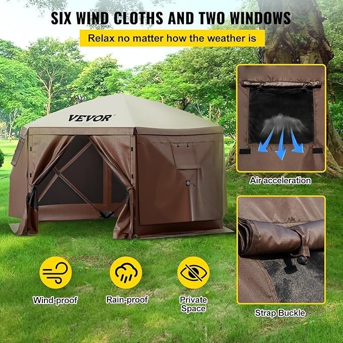 VEVOR Pop Up Gazebo Screen Tent, Pop-Up Instant Gazebo Tents with Mosquito Netting Outdoor Canopy, 6 Sided Sun Shelter 10x10ft with 6 Removable Wind Cloths & 2 Mesh Windows, Pavilion Tent for Patio