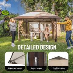 CROWN SHADES 13×13 Pop Up Gazebo, Canopy Tent, Gazebos on Clearance – Outdoor Gazebo for Backyard & Patio Furniture – Carpa Pop Up Tent with Wheeled STO-N-Go Cover Bag (Beige & Coffee)