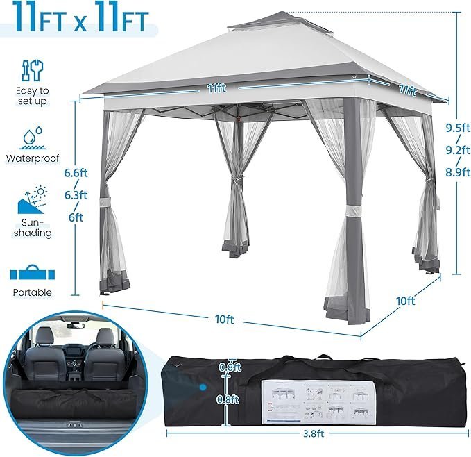 Yaheetech 11×11 Pop Up Gazebo Outdoor Canopy Shelter, Instant Patio Gazebo Sun Shade Canopy Tent with 4 Sandbags, 2 Tiers Roof & Mesh Netting for Lawn, Garden, Backyard & Deck, Gray