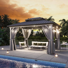 Gazebo 10x14 Hardtop Gazebo with Double Galvanized Steel Roof, Gray | Metal Frame Outdoor Pavilion with Breathable Netting and Privacy Curtain for Backyard