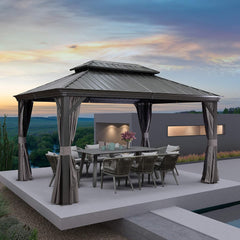 Gazebo 10' X 14' Built-in Drainage System, Gray | 4.7" Thick Post, Built in Drainage, Windproof Cool Breeze, Snowproof & Rustproof, 260 GSM Textilene Netting, Fit Any Yard