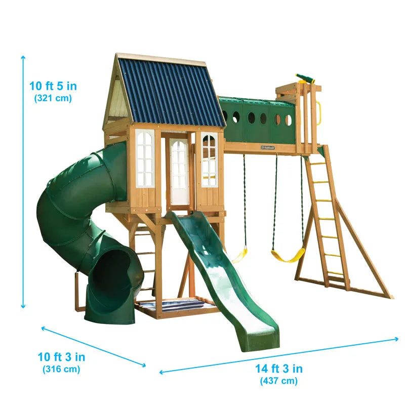 KidKraft Skyway Resort Wooden Swing Set with Dual Slides and Playhouse
