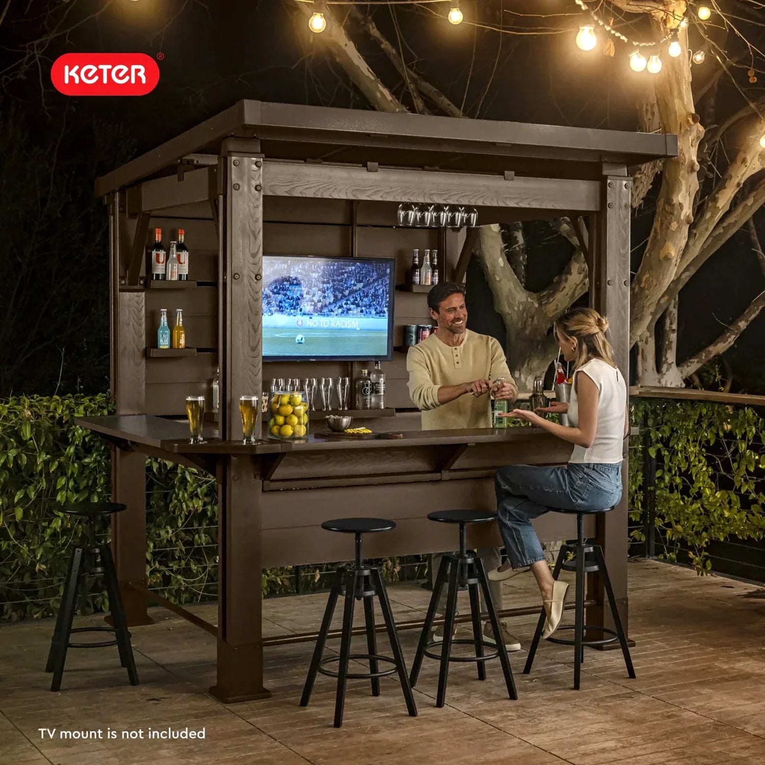 Keter Signature Collection 7.5 x 6.5 ft. Bar Gazebo with Shelves and TV Mount, Pine Brown