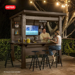Keter Signature Collection 7.5 x 6.5 ft. Bar Gazebo with Shelves and TV Mount, Pine Brown