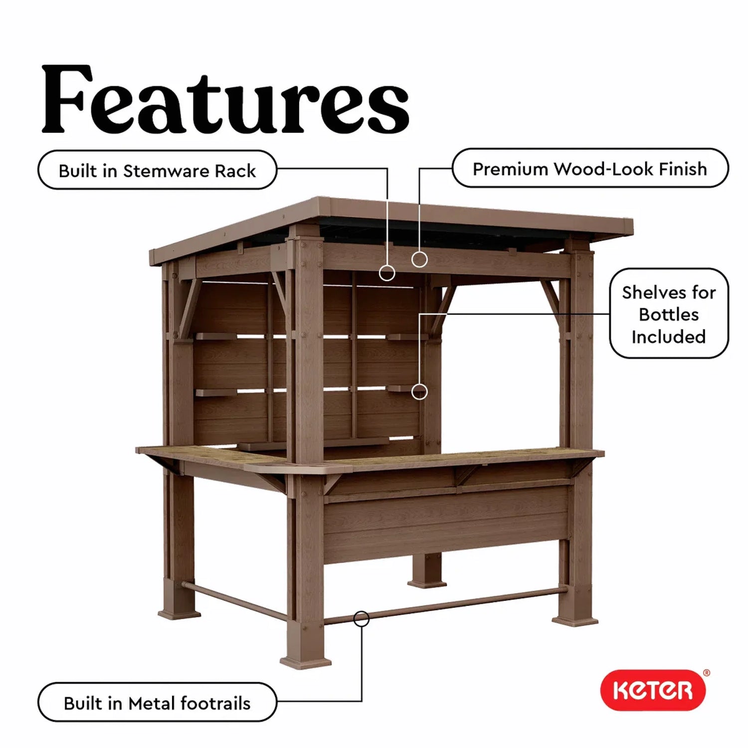 Keter Signature Collection 7.5 x 6.5 ft. Bar Gazebo with Shelves and TV Mount, Pine Brown