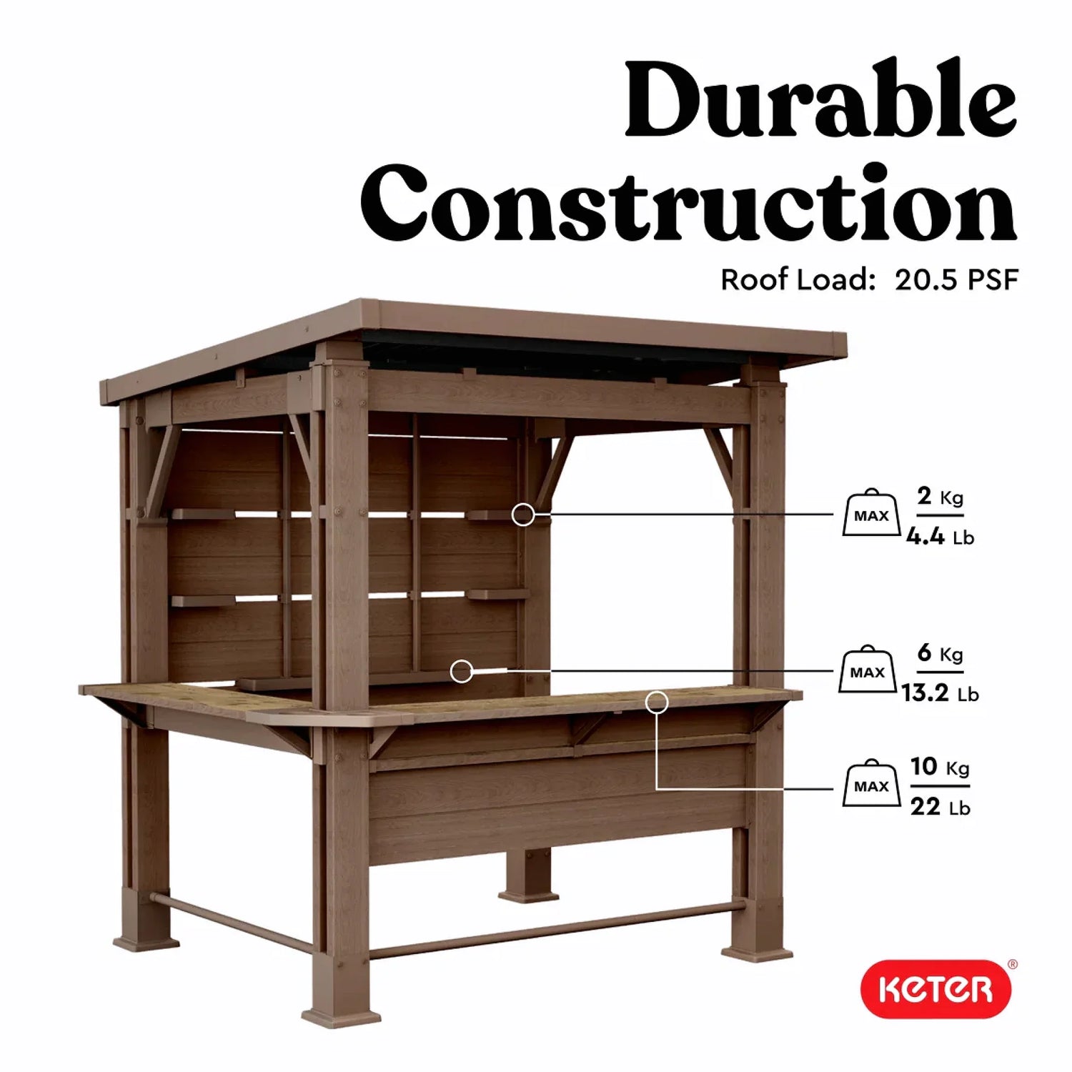 Keter Signature Collection 7.5 x 6.5 ft. Bar Gazebo with Shelves and TV Mount, Pine Brown