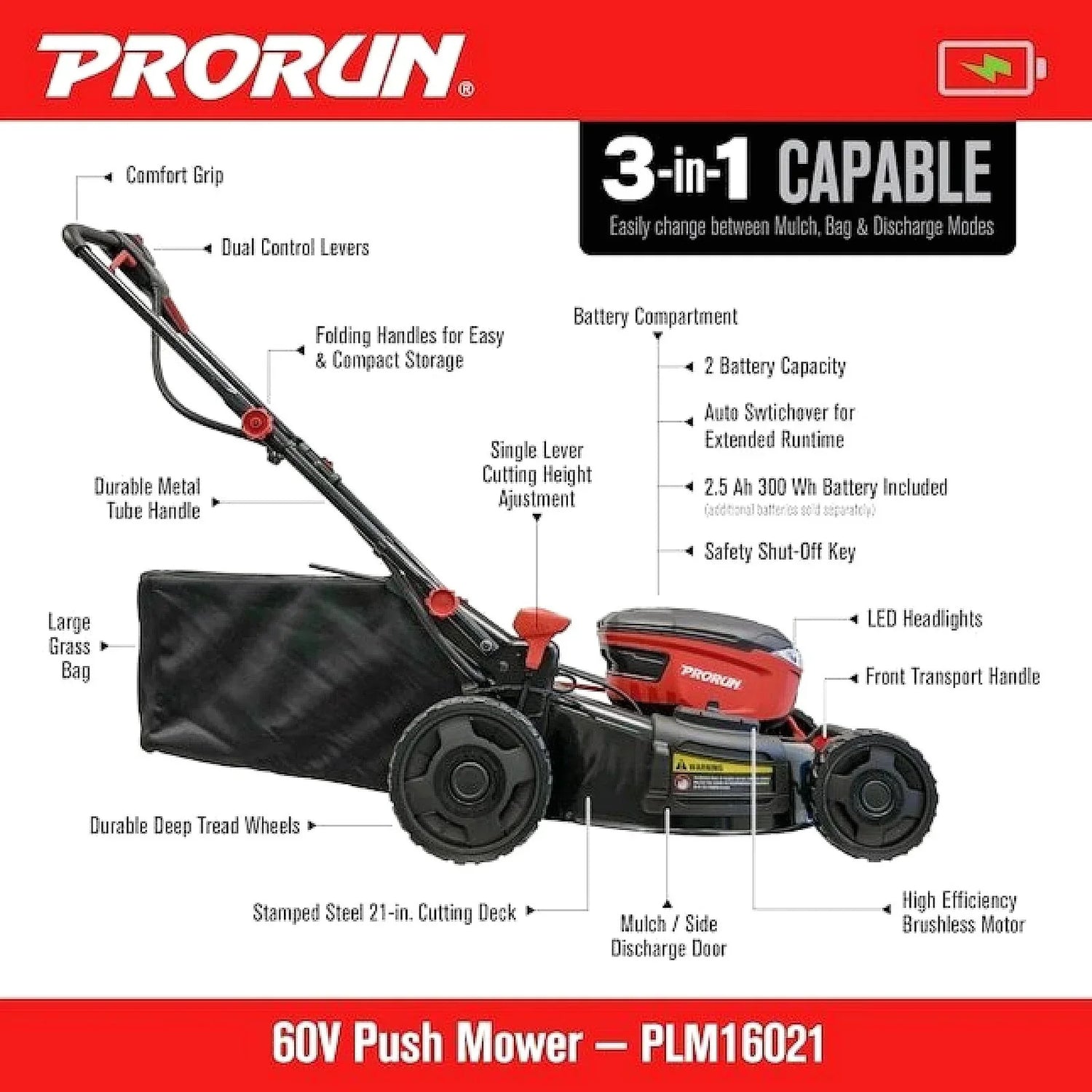 PRORUN 60V 21-Inch Steel Deck Cordless Push Lawn Mower with 2.5 Ah Battery and Charger
