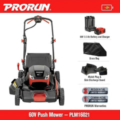 PRORUN 60V 21-Inch Steel Deck Cordless Push Lawn Mower with 2.5 Ah Battery and Charger