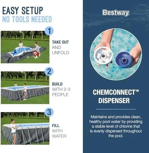 Bestway Power Steel 18′ x 9′ x 48″ Rectangular Metal Frame Above Ground Outdoor Swimming Pool Set with 1,500 GPH Filter Pump, Ladder, and Pool Covers